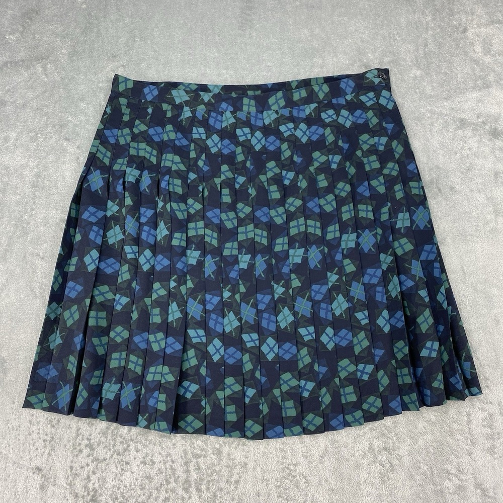 Vtg Express Skirt Womens Sz 13/14 Blue Green Pleated Flowy Abstract‎ Argyle Mini
